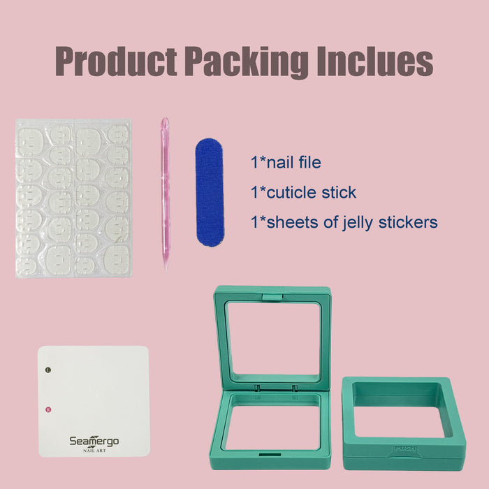 Press‑on nails kit accessories including nail file, jelly stickers, cuticle stick and storage box