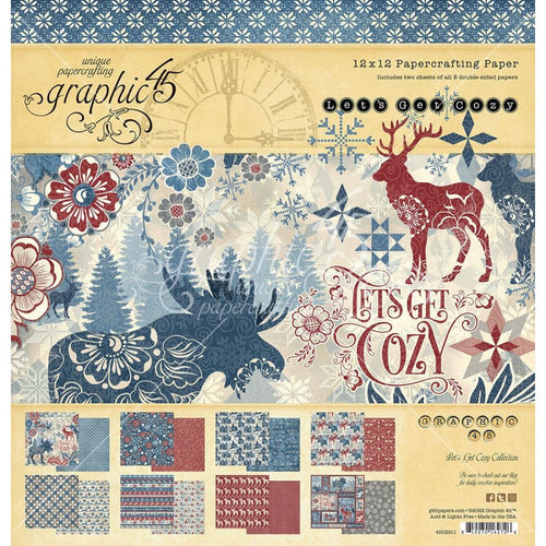 Graphic 45 - Double-Sided Paper Pad 12"X12" - 16/Pkg - Let's Get Cozy. The perfect addition to all your paper crafting projects! Package includes: 16 double-sided 12x12 inch sheets; 2 each of 8 designs. Cover-weight papers are acid and lignin free. Available at Embellish Away located in Bowmanville Ontario Canada