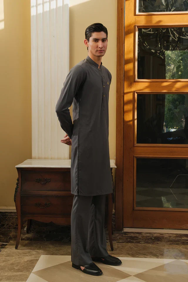 GREY CHAMBRAY WASH N WEAR KURTA PAJAMA