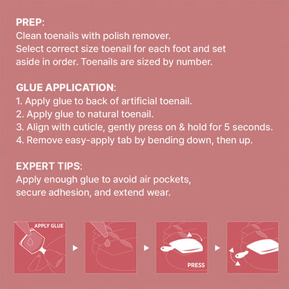 IVY BEAUTY by KISS instructional glue application guide for gold finger toenail set on pink background