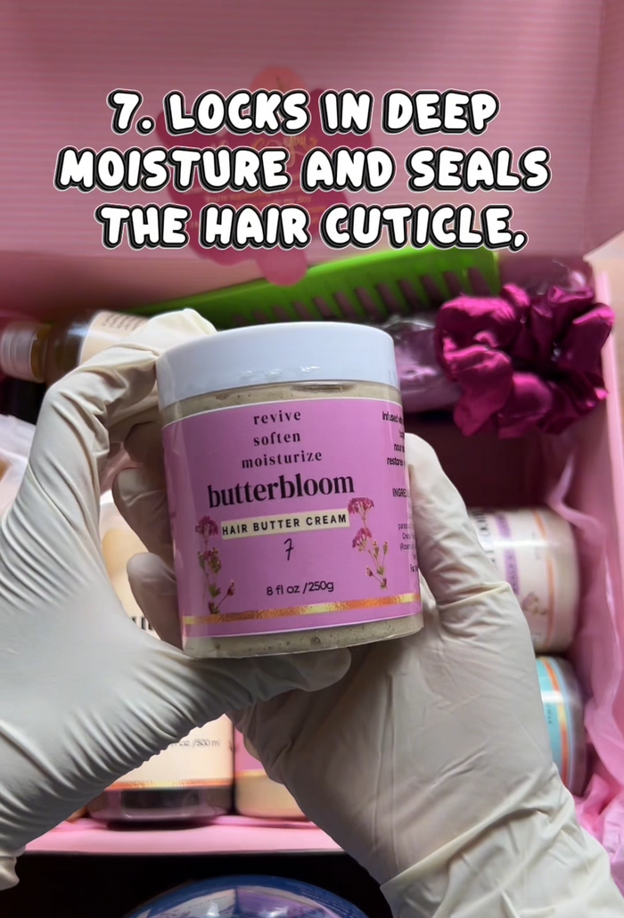 Creamy hair butter from Butterbloom, showing a jar of nourishing hair butter cream with natural ingredients