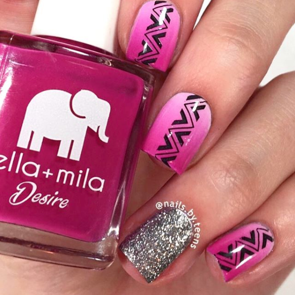 Heartbreaker pink nail polish with black chevron and silver glitter nail art