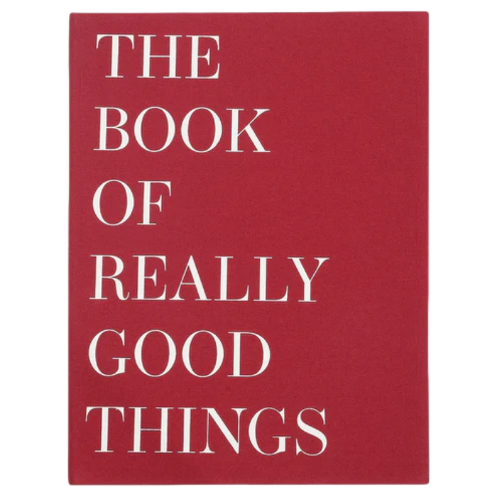 Red book cover with white text 'THE BOOK OF REALLY GOOD THINGS'