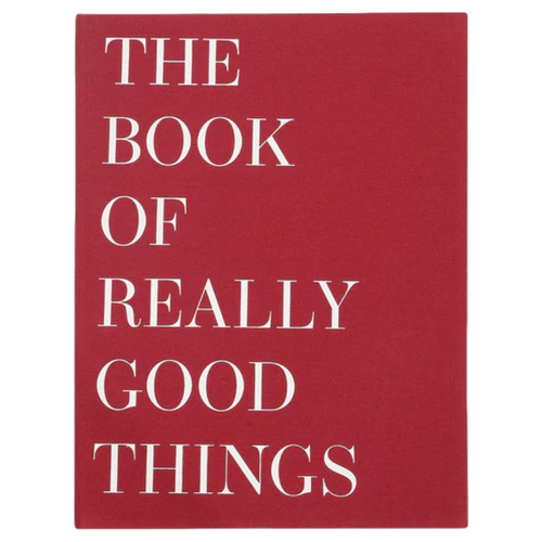 Red book cover with white text 'THE BOOK OF REALLY GOOD THINGS'