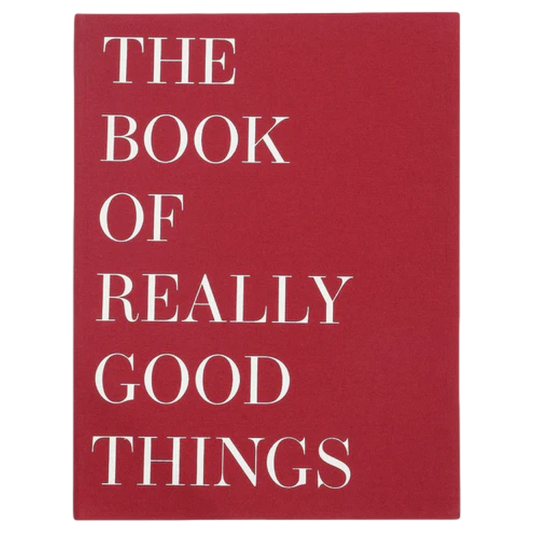 Red book cover with white text 'THE BOOK OF REALLY GOOD THINGS'