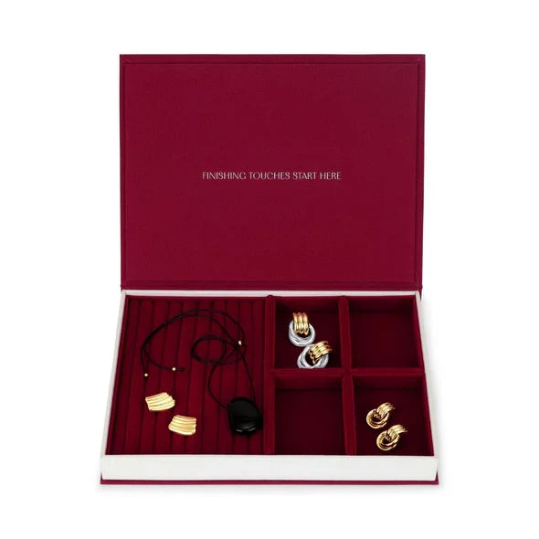 Jewelry set in a red jewelry box with 'Finishing Touches Start Here' text.