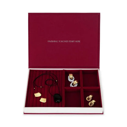Jewelry set in a red jewelry box with 'Finishing Touches Start Here' text.