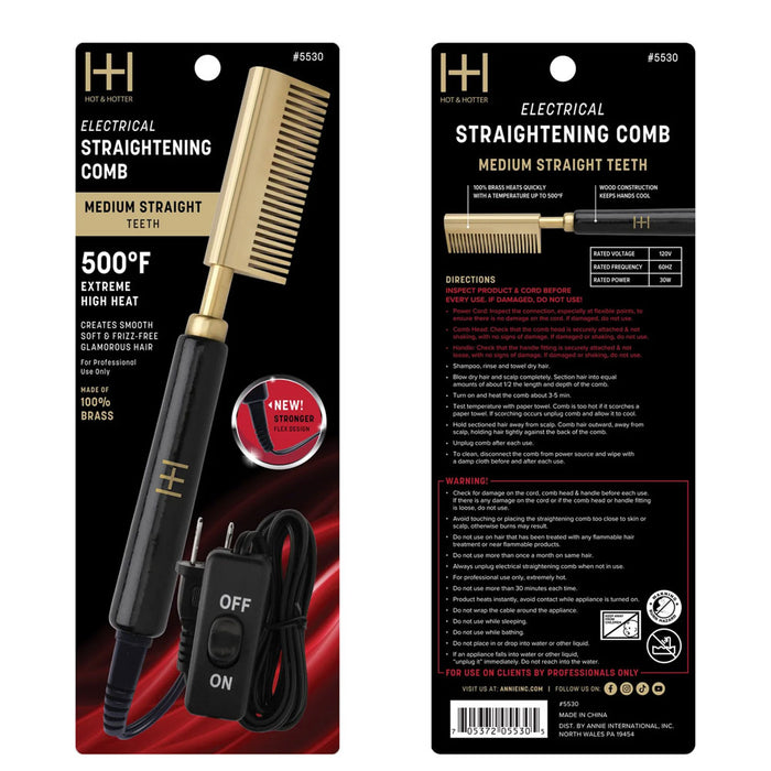 ANNIE electric straightening hot comb packaging showing black and gold comb 500F medium straight teeth with corded on off switch