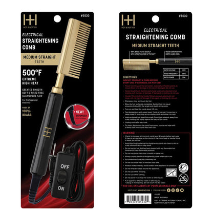 ANNIE electric straightening hot comb packaging showing black and gold comb 500F medium straight teeth with corded on off switch