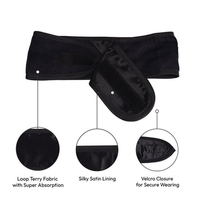 RED BEAUTY by KISS black spa headband for hair with loop terry fabric silky satin lining and Velcro closure