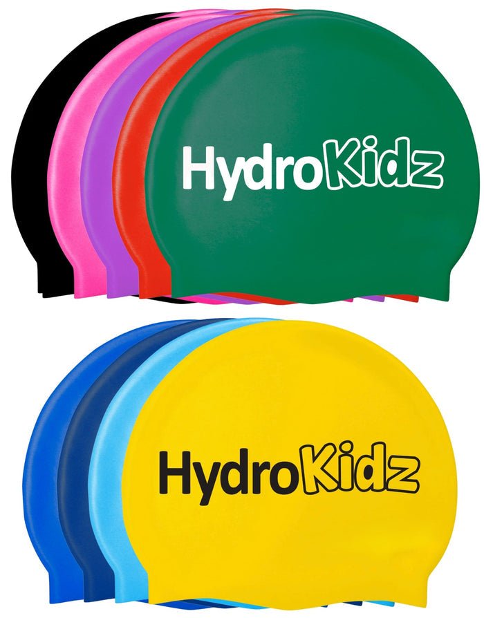 HydroKidz high quality silicone swim caps in various colors for kids 2-8 years
