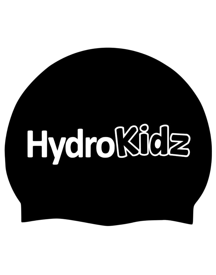 Black HydroKidz swim cap with white text on high quality silicone