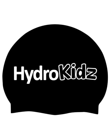 Black HydroKidz swim cap with white text on high quality silicone