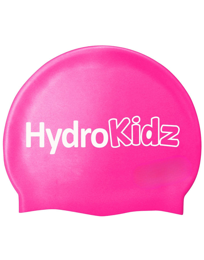 Pink HydroKidz swim cap with white text and logo, high quality silicone