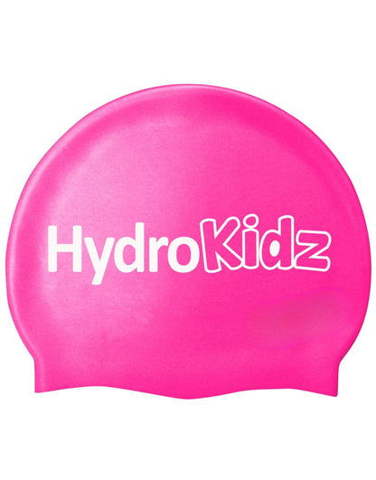 Pink HydroKidz swim cap with white text and logo, high quality silicone