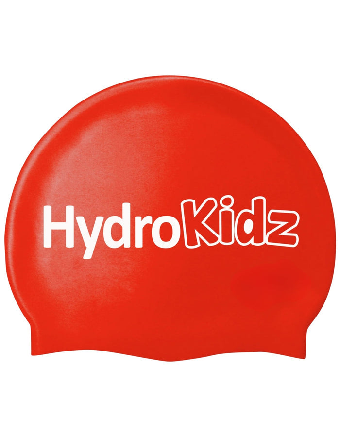 Red HydroKidz silicone swim cap with white logo for kids