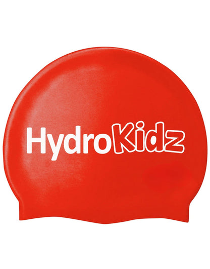 Red HydroKidz silicone swim cap with white logo for kids