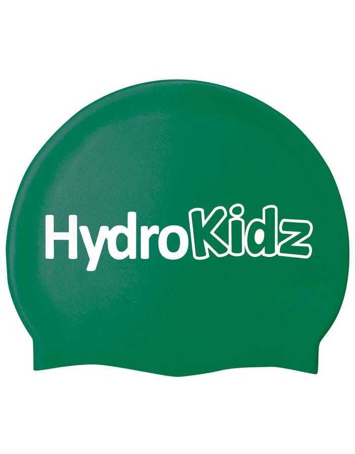 Green HydroKidz swim cap with white logo and high quality silicone texture