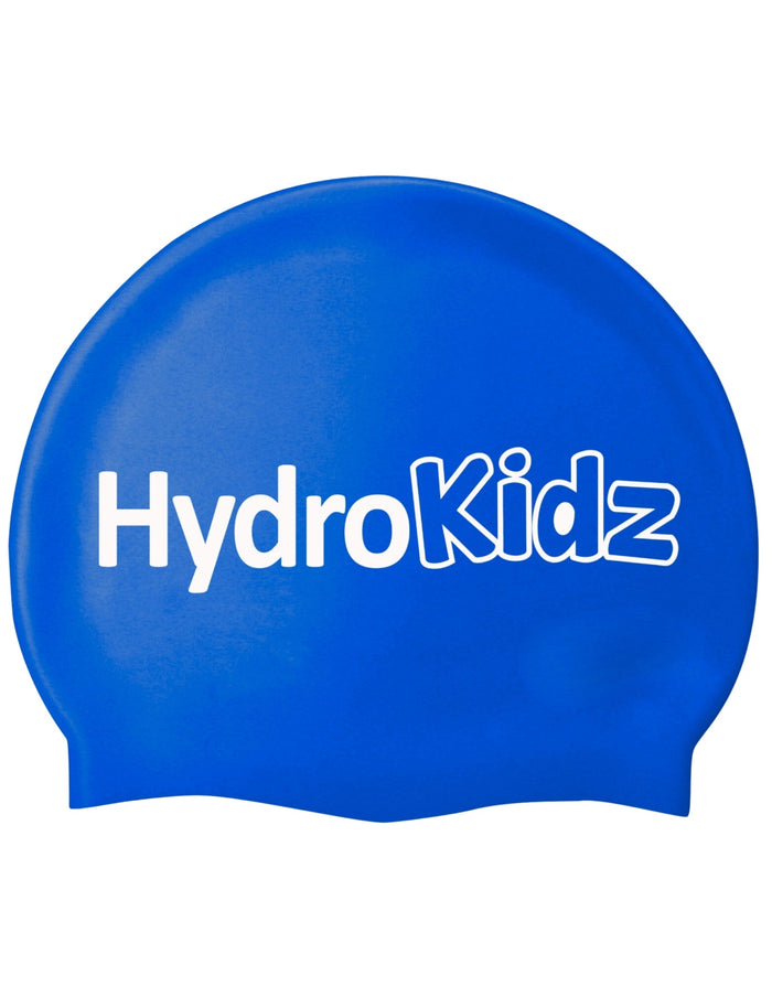 Blue HydroKidz swim cap with white logo on high quality silicone