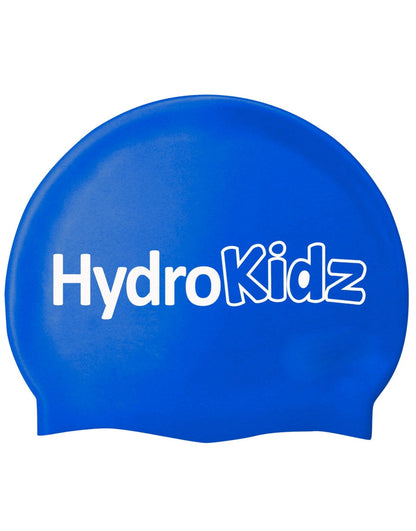 Blue HydroKidz swim cap with white logo on high quality silicone