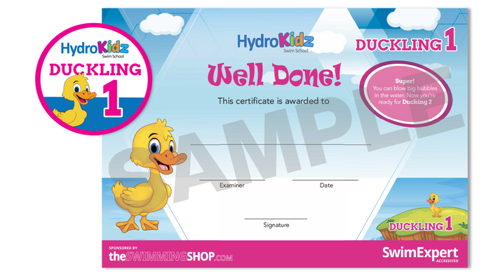 HydroKidz Duckling Stage 1 award certificate with cheerful yellow duck and adult support