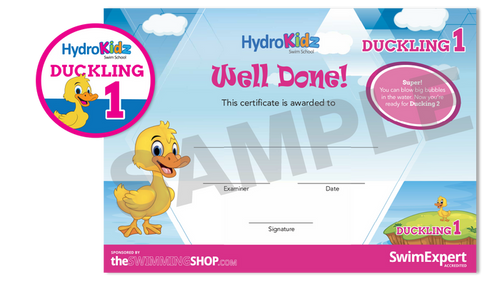 HydroKidz Duckling Stage 1 award certificate with cheerful yellow duck and adult support