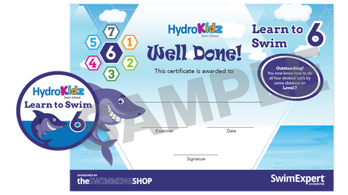 HydroKidz Learn To Swim Award Stage 6 blue shark certificate with white yellow numbers