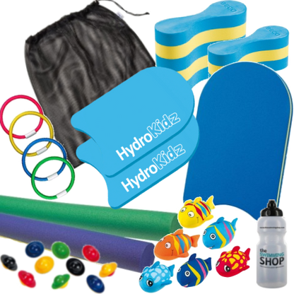 Blue yellow striped foam pool noodle pull buoy in Instructors Kit Medium