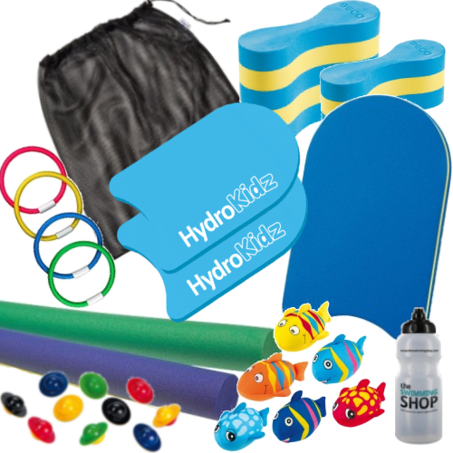 Blue yellow striped foam pool noodle pull buoy in Instructors Kit Medium