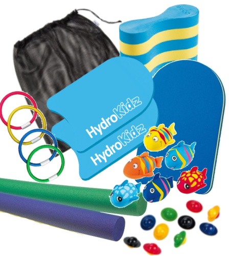 Blue and yellow Hydrokidz fish foam pool noodle in small instructors kit