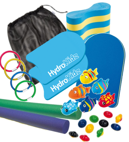 Blue and yellow Hydrokidz fish foam pool noodle in small instructors kit
