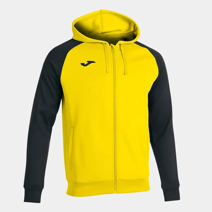 Joma Boys Academy IV hoodie jacket in yellow and black, with front zipper and sporty design, suitable for casual wear.