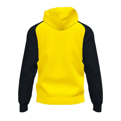 Joma Boys Academy IV hoodie jacket in yellow and black with a front zipper and hood, designed for active wear.