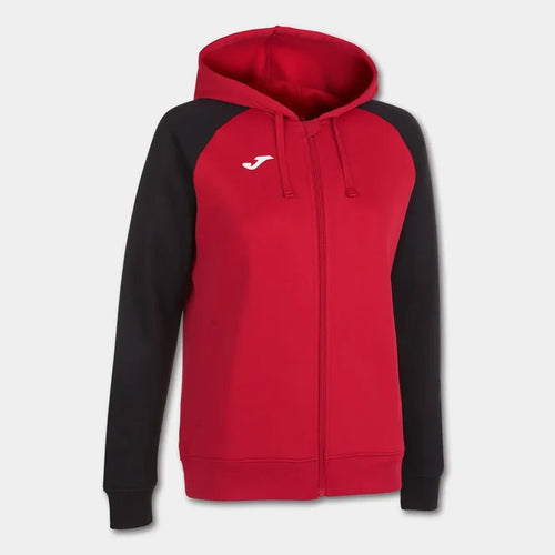 Joma Girls Academy IV zip-up hoodie in red and black, casual jacket with front zipper and hood, suitable for active wear.