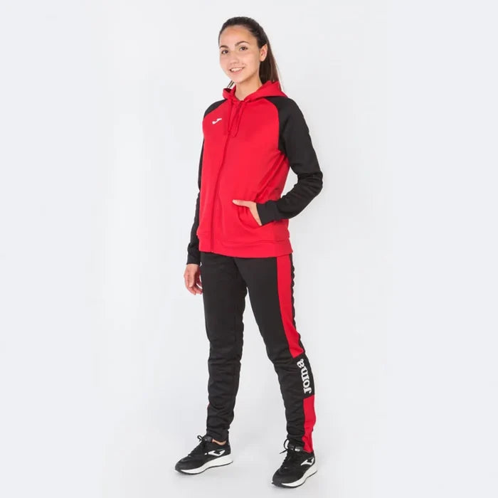 Joma Girls Academy IV zip-up hoodie in red and black, casual jacket with front zipper and hood for girls.