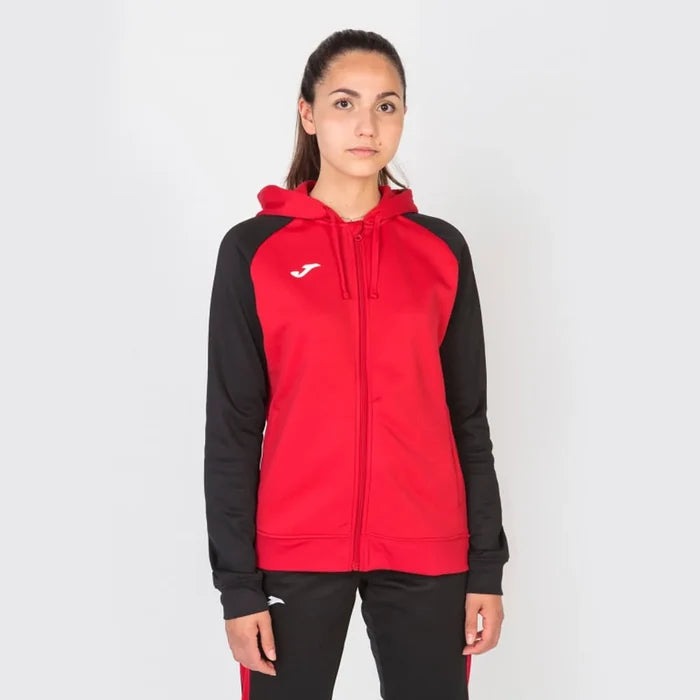 Joma Girls Academy IV zip-up hoodie in red and black, showcasing a sporty jacket with a front zipper and hoodie design.