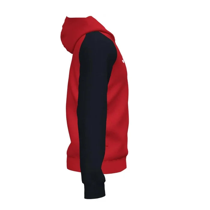 Red and black Joma Men's Academy IV hoodie jacket with front pockets and adjustable drawstrings, casual sportswear.