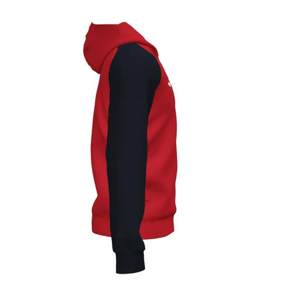 Red and black Joma Men's Academy IV hoodie jacket with front pockets and adjustable drawstrings, casual sportswear.