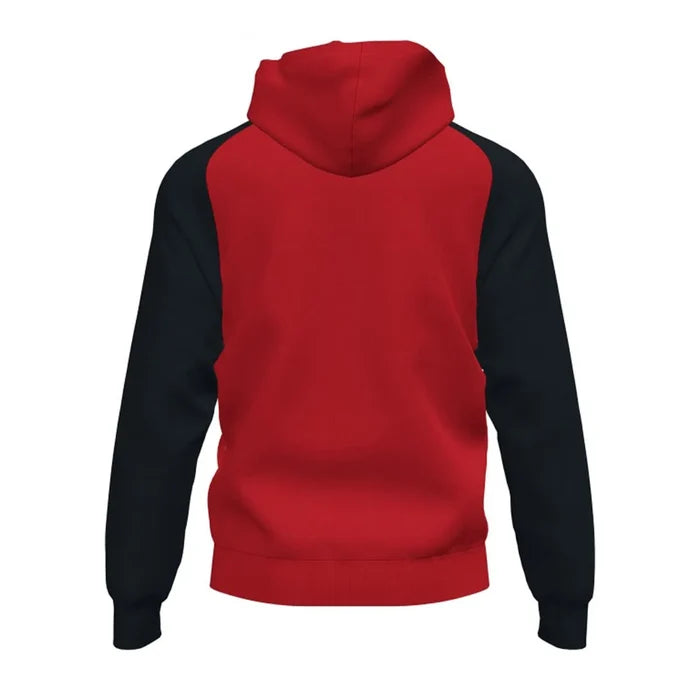 Red and black Joma Men’s Academy IV hoodie jacket, casual outerwear with a comfortable fit and sporty style.