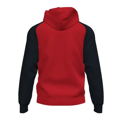 Red and black Joma Men’s Academy IV hoodie jacket, casual outerwear with a comfortable fit and sporty style.