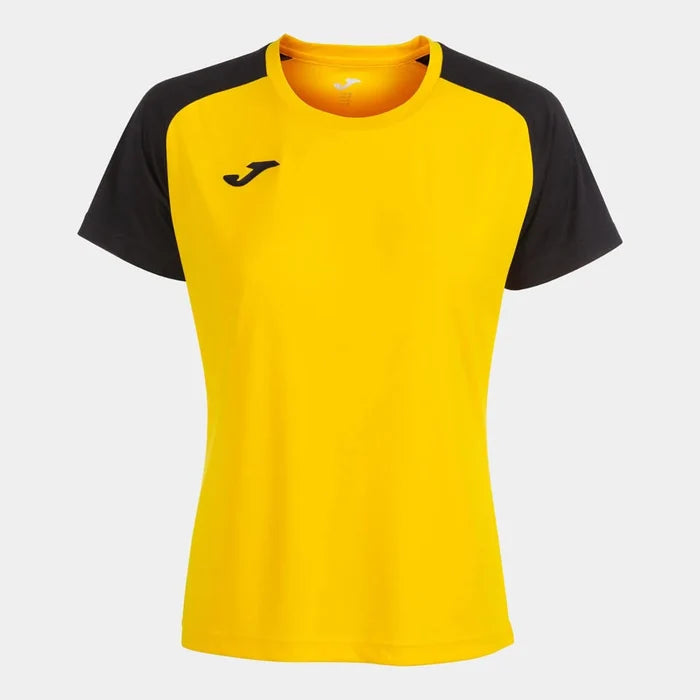 Joma Women's Academy IV T-shirt in yellow and black, casual fit, lightweight fabric, front logo, designed for active wear.