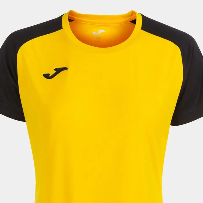Joma Women's Academy IV T-Shirt in yellow and black, casual short-sleeve top with athletic style and brand logo.