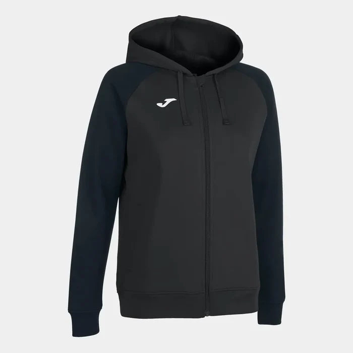 Joma Women's Academy IV zip-up hoodie in anthracite and black, featuring a hood, full front zipper, and casual fit.