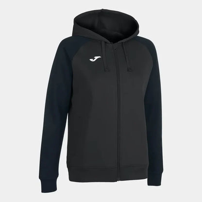 Joma Women's Academy IV zip-up hoodie in anthracite and black, featuring a hood, full front zipper, and casual fit.