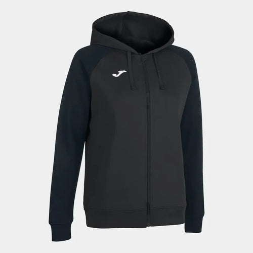Joma Women's Academy IV zip-up hoodie in anthracite and black, featuring a hood, full front zipper, and casual fit.