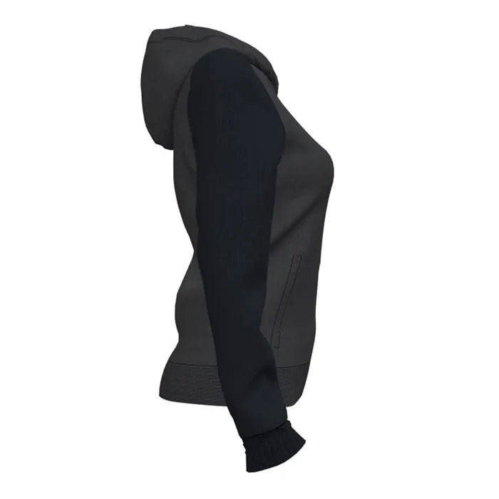 Joma Women's Academy IV zip-up hoodie in anthracite and black, casual jacket with a front zipper and hood.