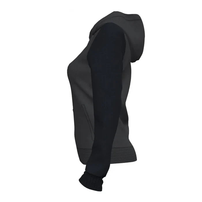 Joma Women's Academy IV zip-up hoodie in anthracite and black, shown on a model with a front view.
