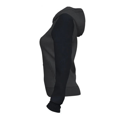 Joma Women's Academy IV zip-up hoodie in anthracite and black, shown on a model with a front view.