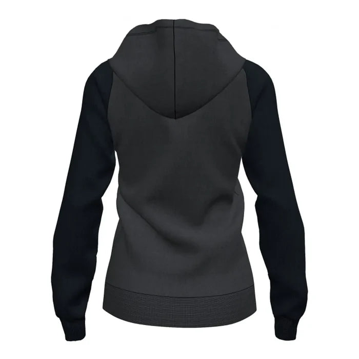 Joma Women's Academy IV Zip-Up Hoodie in anthracite and black, showing front view with full-length zipper and hoodie details.
