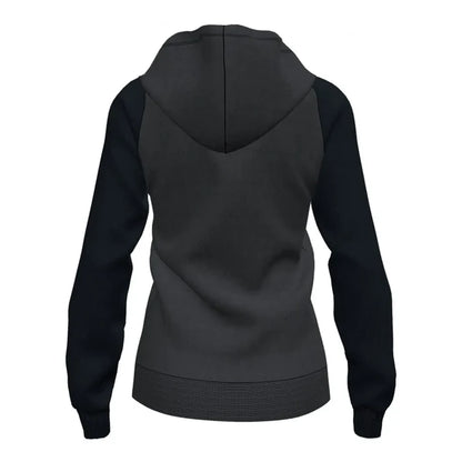 Joma Women's Academy IV Zip-Up Hoodie in anthracite and black, showing front view with full-length zipper and hoodie details.
